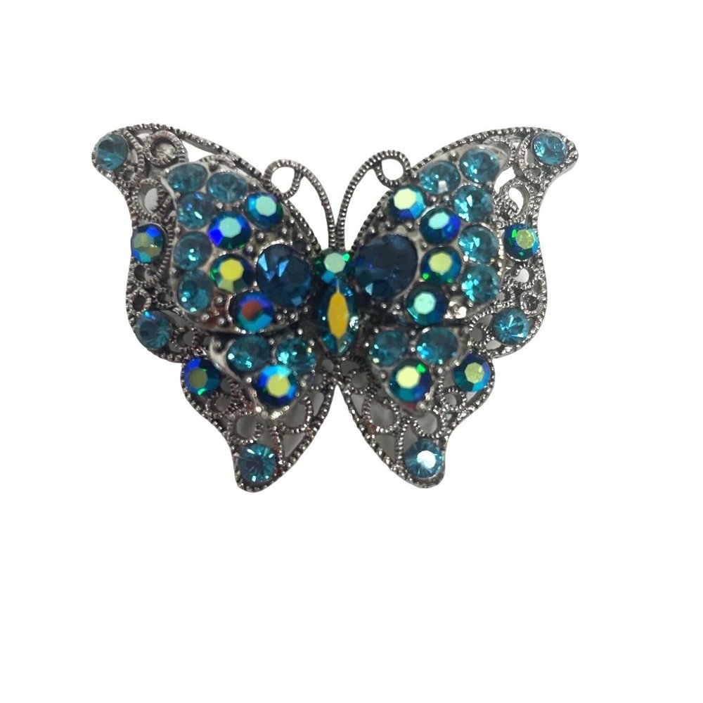 Vintage Fashion Butterfly Brooch Crystal Rhinestones Blue Aqua Teal Silver Tone